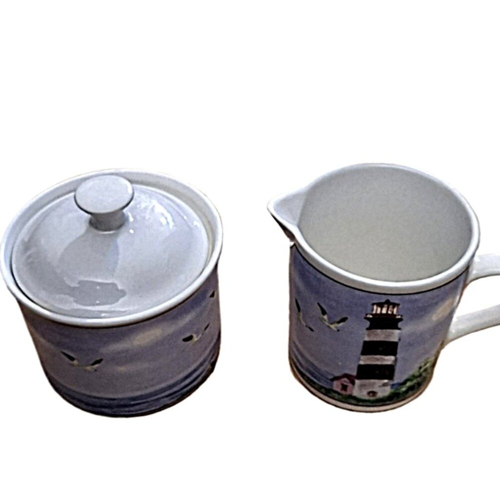 Lighthouse Sailboat Scene Creamer & Sugar Bowl by Thomson EUC